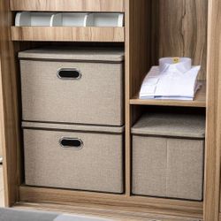 Large Collapsible Storage Bins with Lids [3-Pack] Jute Fabric Foldable Storage Boxes Organizer Containers Baskets Cube with Cover for Home Bedroom Clo