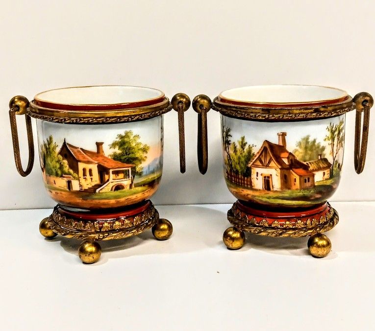 Pair Antique Porcelain Cachepots Ormolu Mounts Hand-Painted Pastoral Exc Cond