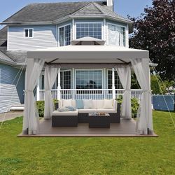 10’x10’ Patio Gazebo Canopy Tent w/Removable Netting, Gray Outdoor Shelter, Ventilated Double-tier Top, Drainage Hole Design, Suitable for Garden, Bac