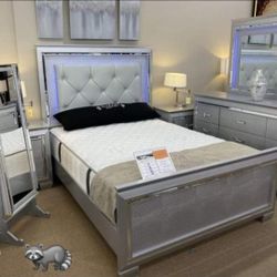 ALLURA SİLVER BEDROOM SET QUEEN OR KİNG BED DRESSER NIGHTSTAND AND MİRROR WİTH İNTEREST FREE PAYMENT OPTİONS 