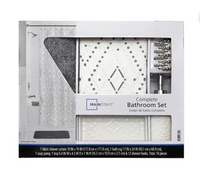 Mainstays 16-Piece White Diamond Pattern Shower Curtain Bathroom Set – Fabric Curtain with Rug, Hooks, Soap Dispenser & Tray