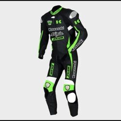 MEN'S KAWASAKI NINJA MOTORCYCLE MOTORBIKE COWHIDE LEATHER RACING CE-RATED SUIT