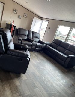 Black Reclining Couch 3-Pc Set — Sofa • Loveseat • Chair