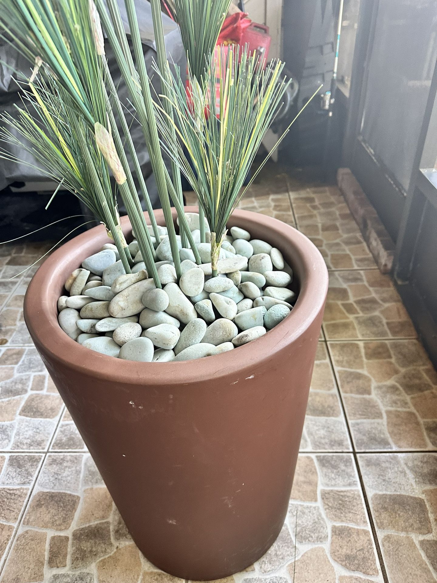 3 Plastic Plants With Flower Pot And Rocks