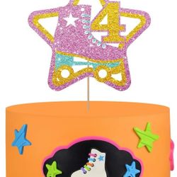 Roller Skate 4th Birthday Cake Topper, Pink Glitter Rolling Into Four Cake Decor