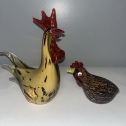 Murano Style Hand Blown Glass Chicken Roosters Multicolor Speckled