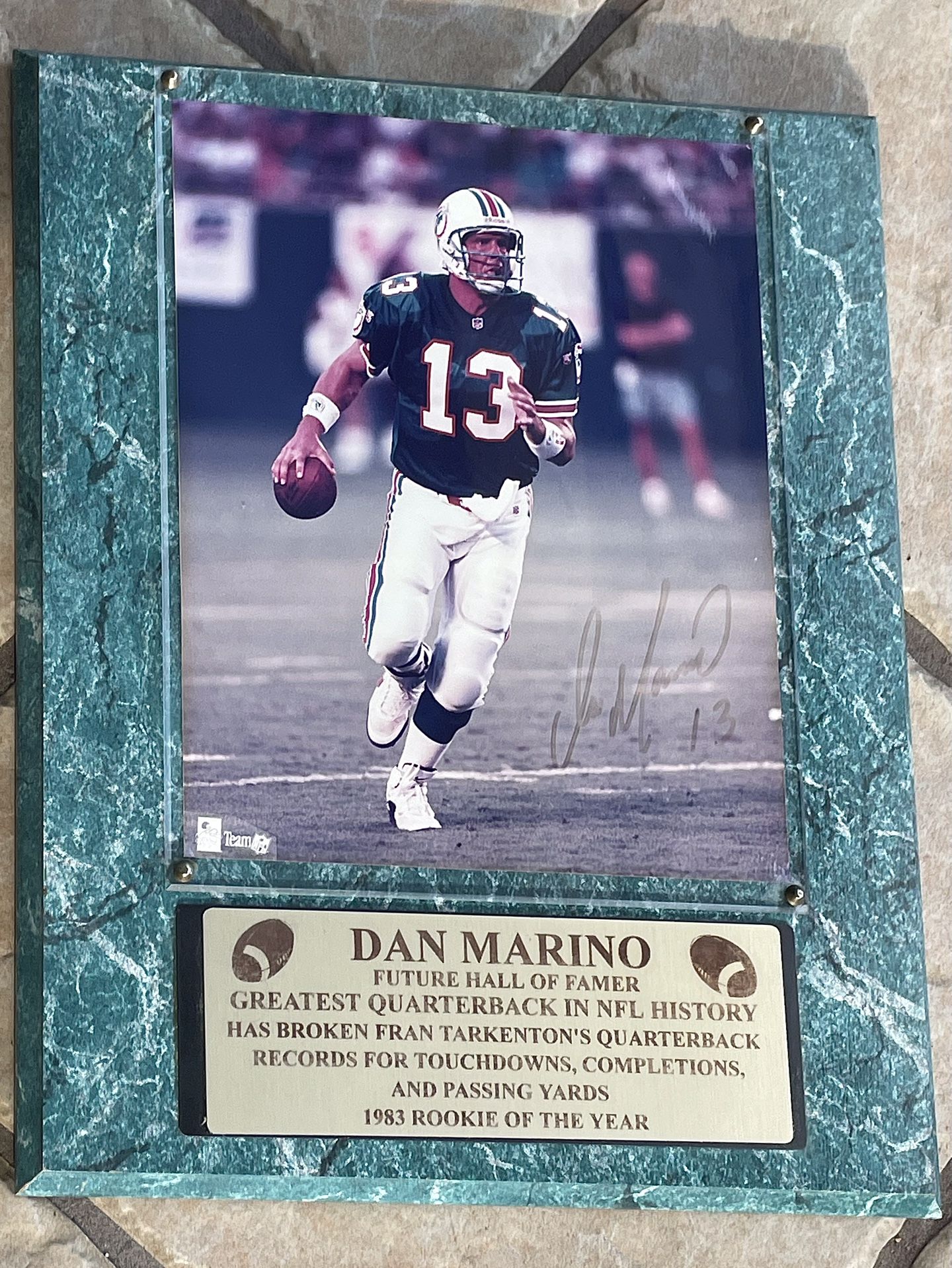DAN MARINO 13 1995 Signed Autograph 8x10 Photo Dolphins Framed Plaque 15”X12” w/COA  1995 surpassed Fran Tarkenton’s record Plaque make HOF Prediction
