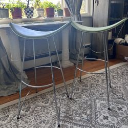 Pair Of Light Green Leather Stools