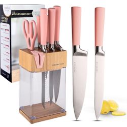 Stainless Steel Pink Knife Set with Block - 7 Piece Pink Kitchen Knife Set
