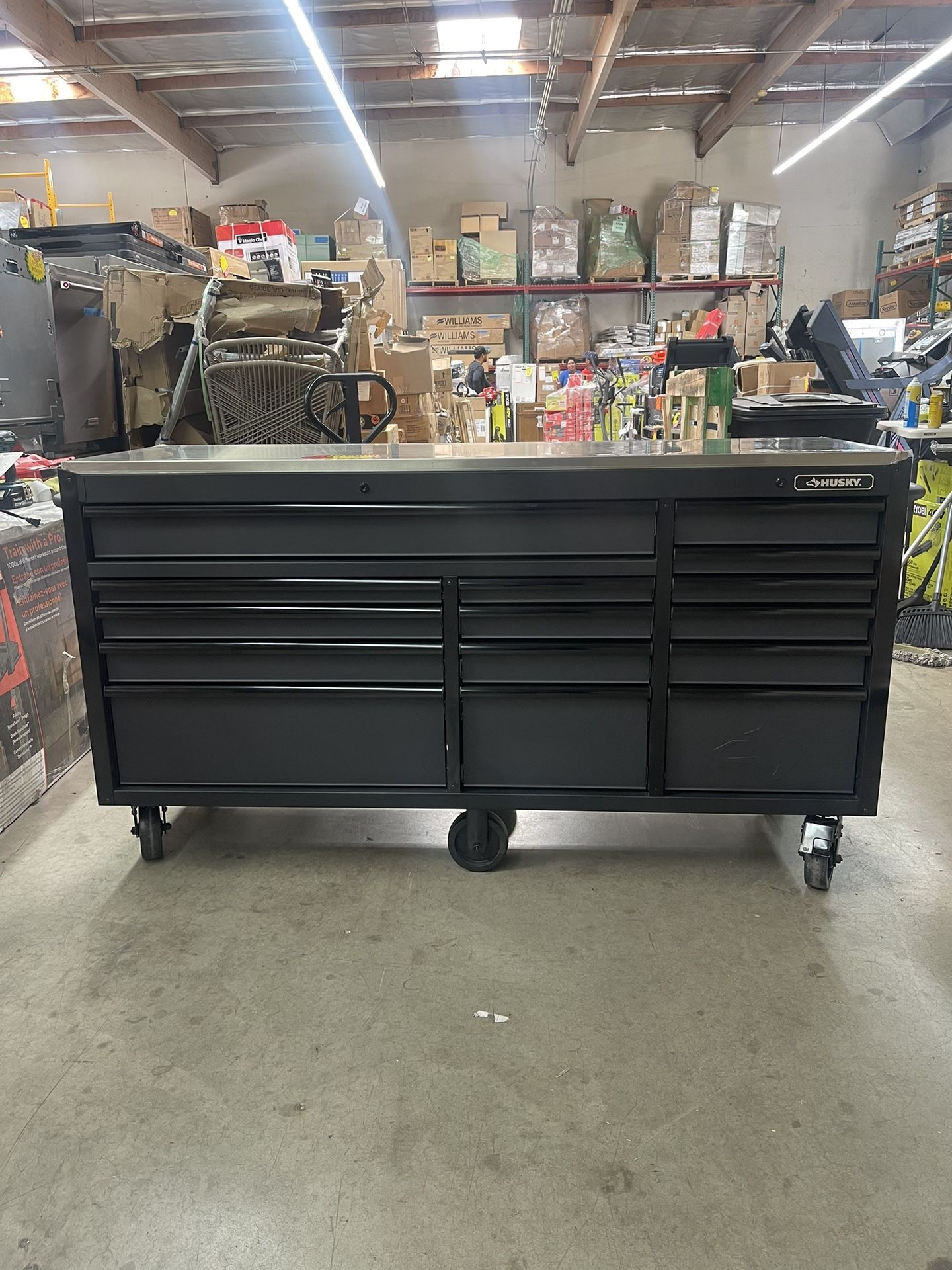 Husky 72 in. W x 24 in. D Heavy Duty 15-Drawer Mobile Workbench Cabinet Chest with Stainless Steel Top in Matte Black