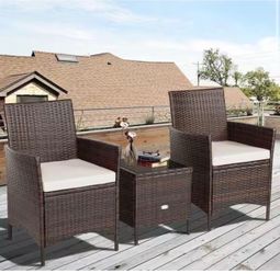 3 Pieces Patio Rattan Furniture Set with Cushion in White and Glass Table Top $100