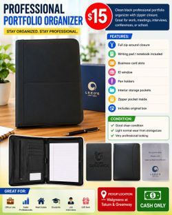 Leed’s Zippered Business Portfolio Padfolio Organizer – Black