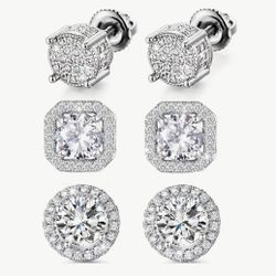 3-Pairs Exquisite Micro Pave 14K White Gold Plated Cubic Zirconia Round  & Square Men & Women Stud Earrings 