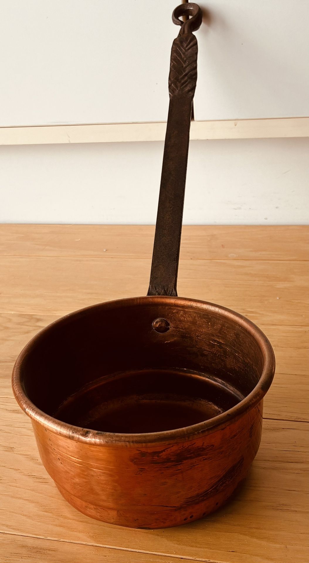Copper Pot w/12” Long Handle, Stamped JJ, 6 1/4” Diameter, 3 1/2” Deep.