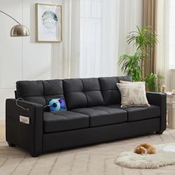 88” W Faux Leather Couch With Square Armrests