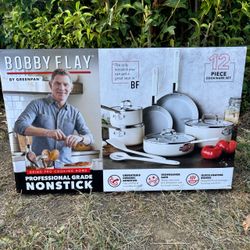 Bobby Flay 12pc Ceramic Nonstick Aluminum Cookware Set Cream & Oxford Blue