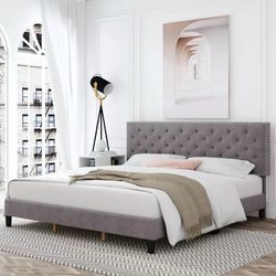 Gray Upholstered Bed Frame with Tufted Headboard