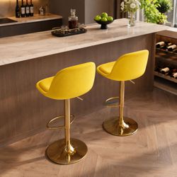 Set of 2 - Yellow Velvet Modern Bar / Counter Adjustable Bar Chairs w/ Golden Base / Stem [NEW]  **Assembly Req