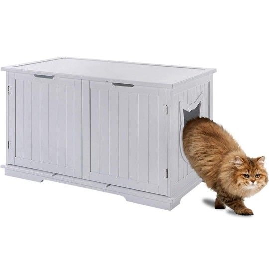 Wooden Cat Litter Box Storage Bench Enclosure Furniture Box House w Doors & Cat Face Entry