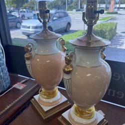 Pair of Mid 20th Century Peach and White Frederick Cooper Porcelain Table Lamps - Excellent Condition