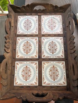 Vintage Glazed Tile and Hand Carved Wood Serving Tray BrownWhite 17.5 in x 12 in