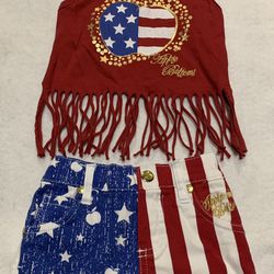 Apple Bottoms Toddler Girl 12 Month Fourth 4th Of July Patriotic Fringed tank top & Shorts Outfit 