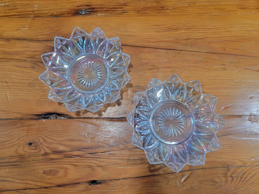 Vintage Set Of 2 Glass Scalloped Starburst Floral Glass Crystal Candy Dishes