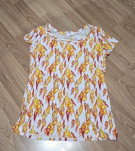 Women's Blouse White and Orange Flame Fire Print Shirt Stretchy Festival Summer