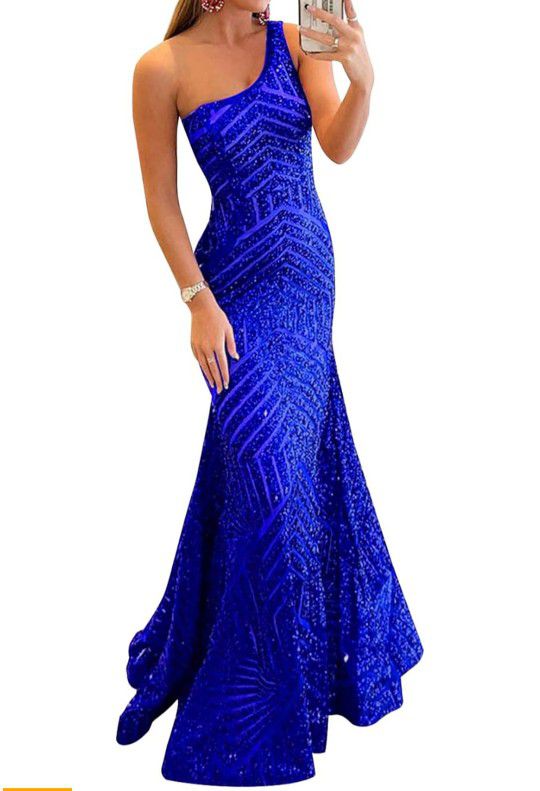 Royal Blue One Shoulder Sequin Mermaid Prom Dresses for Teens Long Sparkly Sequin Formal Party Dress
