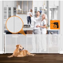 Reinforced No Drill 100" Wide Retractable Baby Gates No Drilling Retractable Dog Gates for Doorways Extra Wide No Drill Baby Gate with Support Bars Ex