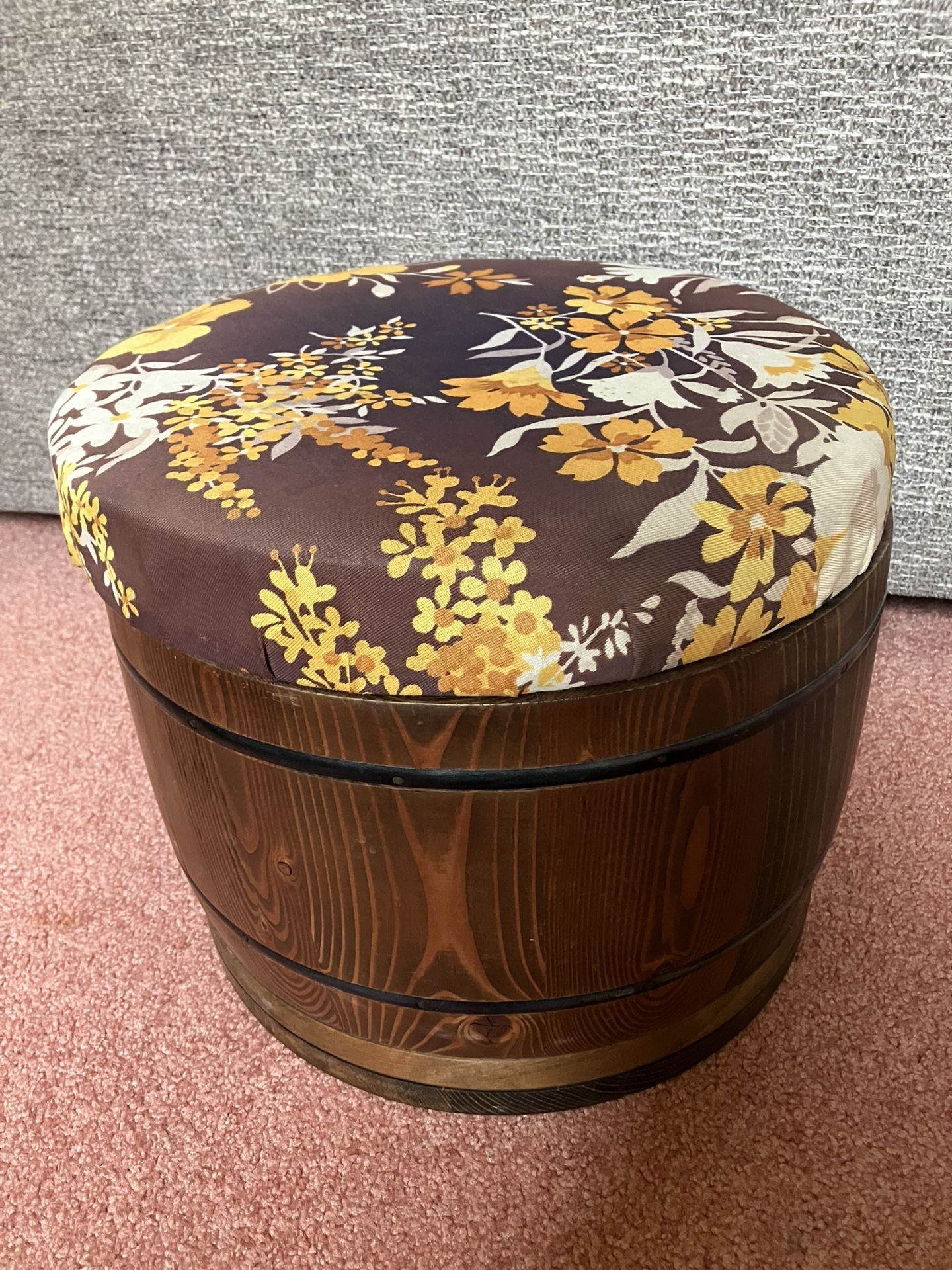 Vintage Round Barrel Stool/Sewing Box - removable top for storage