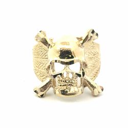 Men’s 10k Yellow Gold Skull and Bones Biker Pirate Ring Size 10 GP3137759