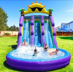 Inflatable Water Slide with Better Drainage and Durability - Fun Outdoor Play with Easy Setup, Kids Summer Splash Fun (Dual Slide Sun Glassess) blower