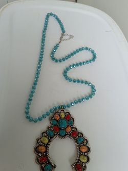 Turquoise Crystal Bead Necklace with Squash Blossom Pendant