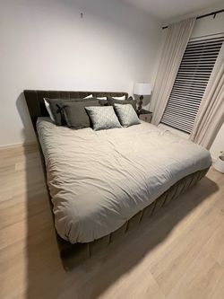 King Size Olive Green Velvet Channel Tufted Platform Bed