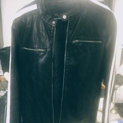 Mens Leather Jacket Black White Stripes Size Small