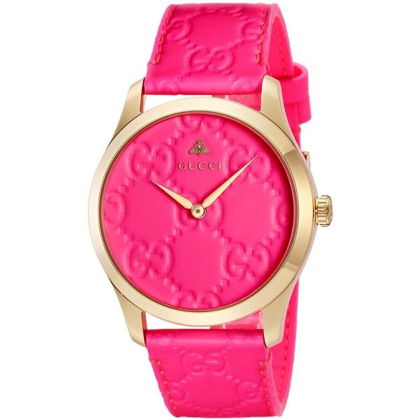 Gucci Women's Watch Ladies Golden-Tone Steel Leather Band Pink Dial YA1264115