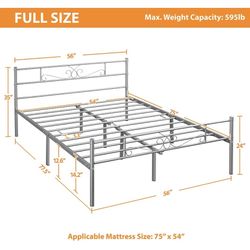 13 inch Silver Classic Metal Bed Frame with Headboard Mattress Foundation/Platform Bed/Slatted Bed Base,Full Size