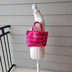 NWT Victoria's Secret Small Petite Sequin Pink Striped Canvas Shimmery Tote Bag
