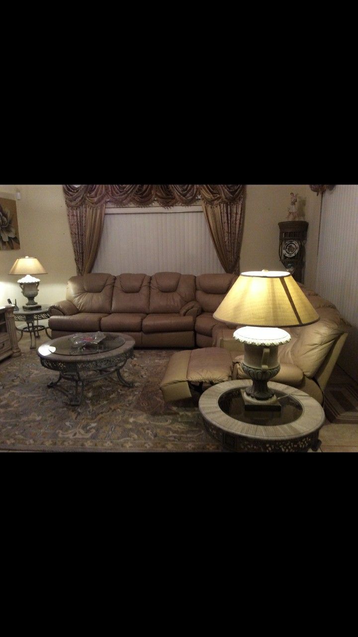 Genuine leather sleeper sofa (the whole set) 3 detailed design tables, includes 2 lamps ($350 value) all for only $800.
