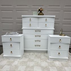 Freshly Refinished MCM Dixie Tallboy Dresser and 2 Nightstands