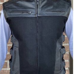 MEN'S MOTORCYCLE BLACK SWAT PREMIUM LEATHER AND DENIM VEST