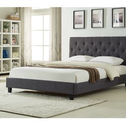 Brand New In Box Full Size Dark Grey Linen Upholstered Bed With Mattress. Assembly Required, We Can Deliver, Cama Con Colchon.