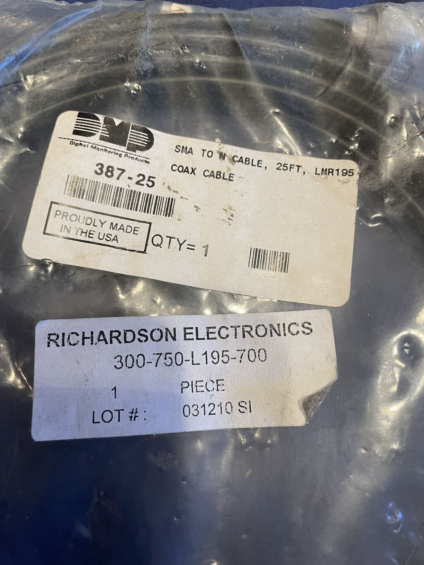 387-25 SMA To N Cable, 25Ft , LMR195 New In Factory Packaging 