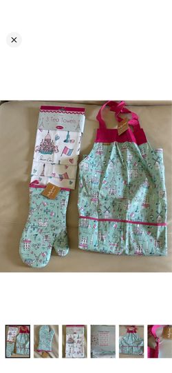 New 5 Piece Paris Set Kitchen Apron Mitt Towels
