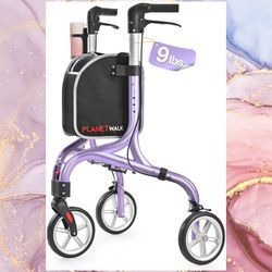 Purple Foldable Aluminum 3-Wheel Triangular Walker with Cup Holder and Handle Brakes. New, in box.