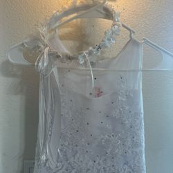 Little Girls White Dress . With Flower Crown . Beaded Dress With Ruffles. It Can Be Used For First Communion , Confirmation , Wedding. Etc