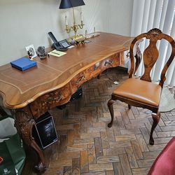 Fabulous Antique French Style Walnut & Inlaid Executive Desk With Matching Chair ! Embossed Leather Top ! Great Condition! 