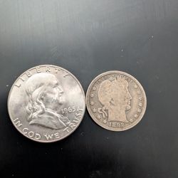 1892 Barber Quarter And 1963d Unc. Franklin Half Dollar Coin Duo