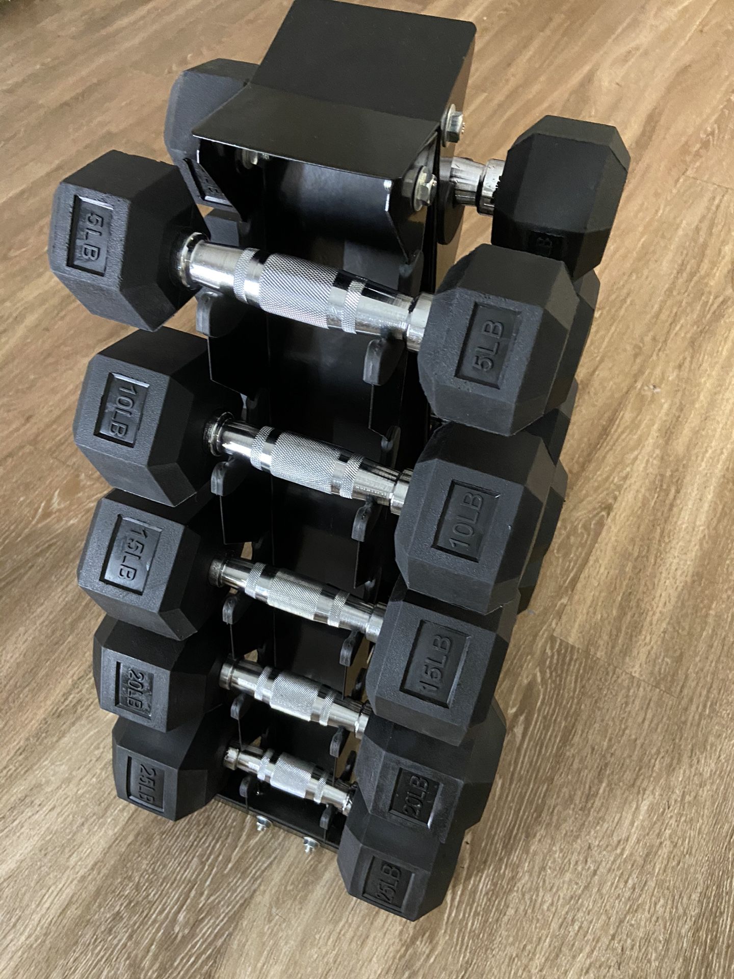 Brand New Hex Rubber Coated dumbbells- 5’s/10’s/15’s/20’s/25’s w/ weight rack